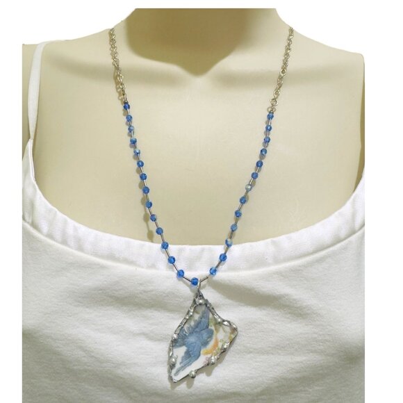 Blue Bird China Homer Laughlin Artisan Pendant Adorned w/ Blue Crystal Necklace - Picture 10 of 17